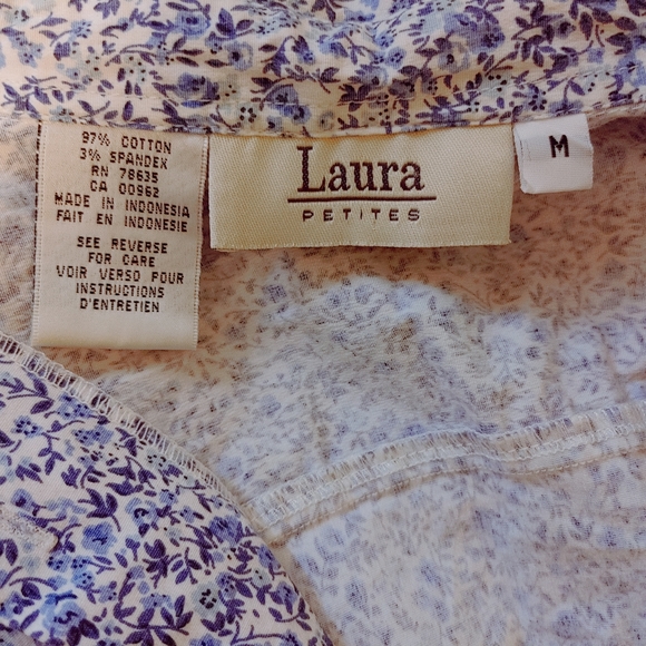Laura Petite Blue Flower Print Button Down Stretchy 3/4 Sleeve Shirts(Gils M) - Picture 5 of 8